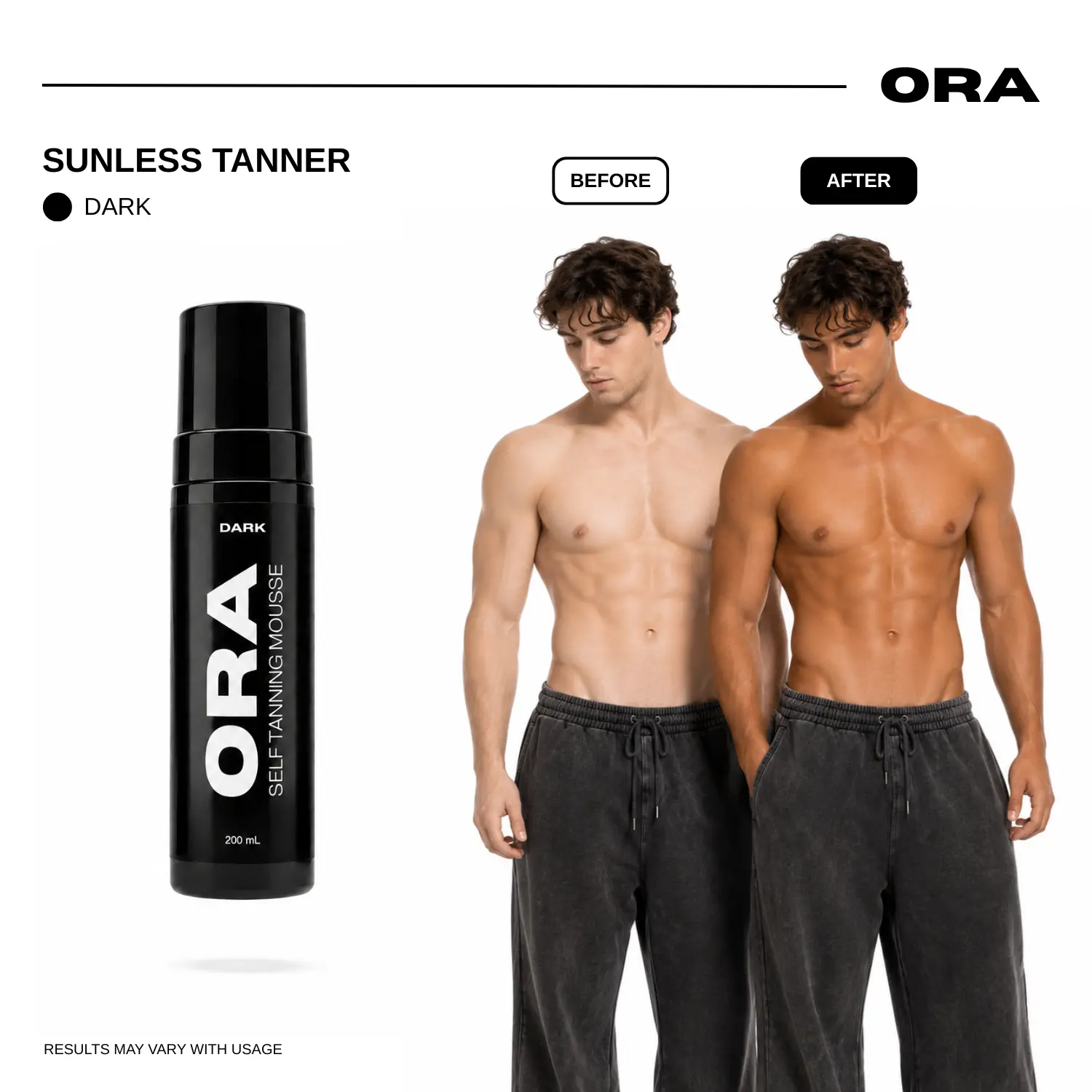 ORA Dark Self Tanning Mousse 200mL - Streak-Free Sunless Tanner for Men, Natural Looking Fake Tan, Muscle-Defining, Fast-Drying, Non-Sticky, Vegan & Cruelty-Free