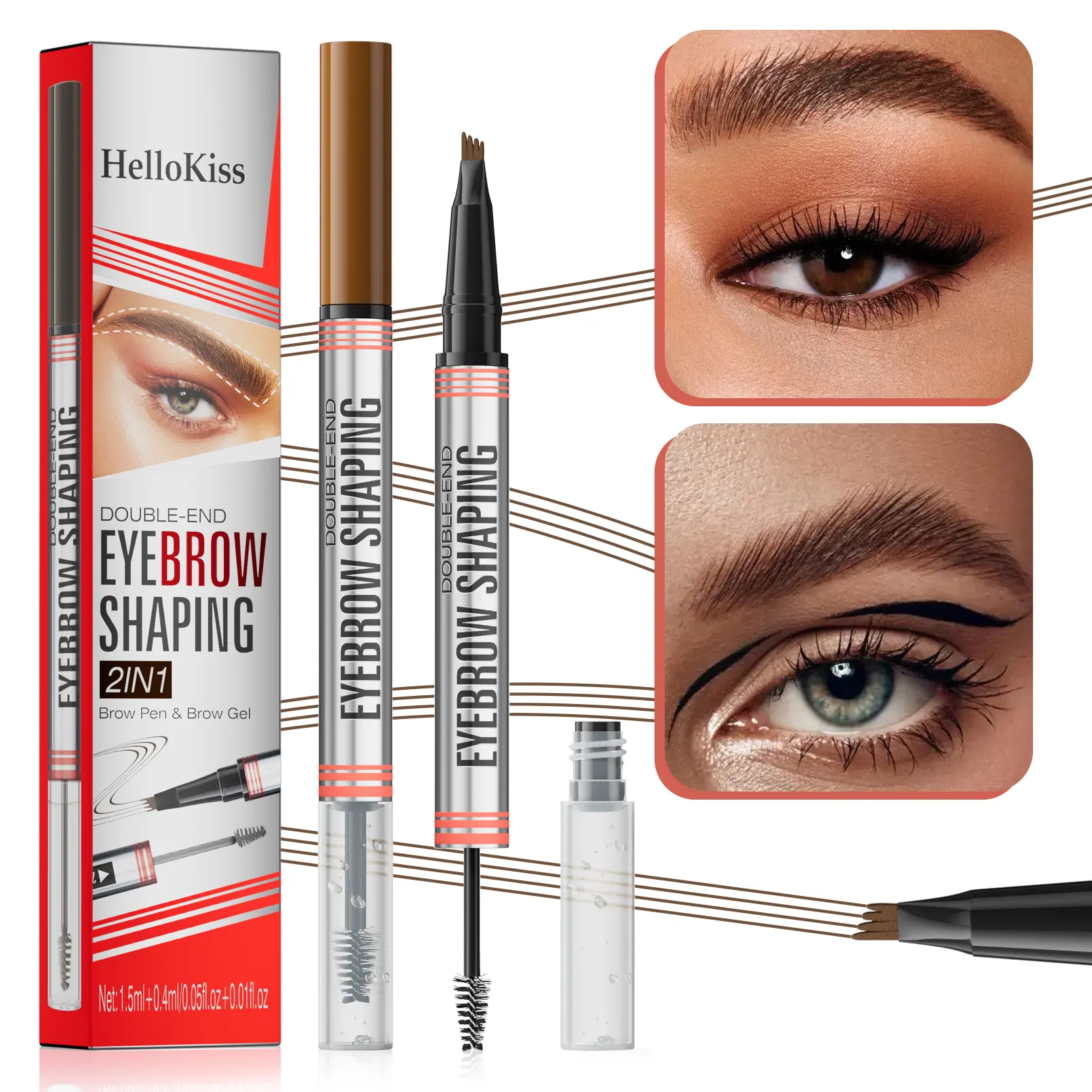 【HelloKiss】 Waterproof soft micro-fork smudge-proof brown filling Eyebrow Shaping Pen, Liquid clear refy Brow cover Pen with Eyebrow Gel, Long Lasting Smudge Resistant, Natural hair-like stroke daily Wild Eyebrow color choice summer festival makeup