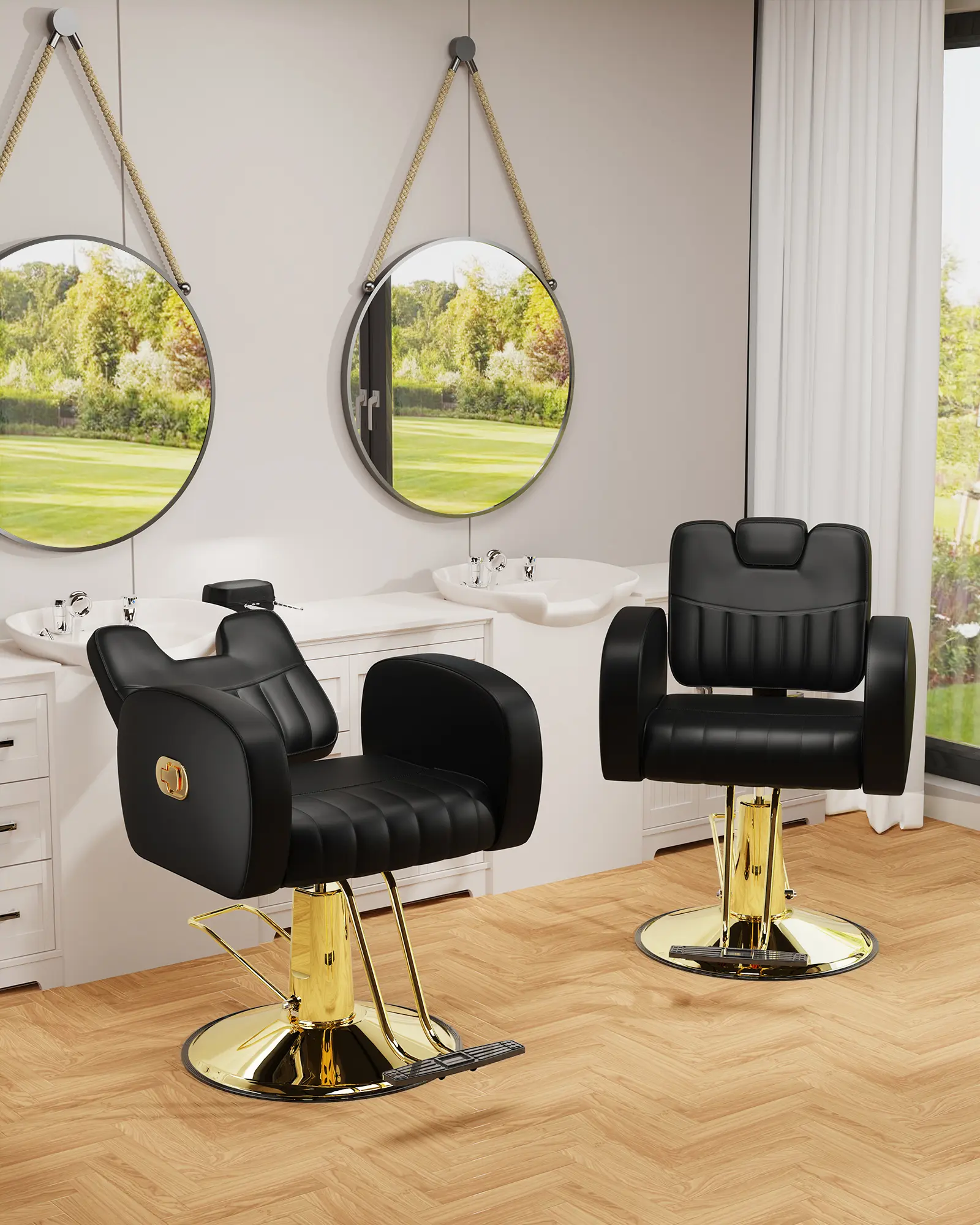 Baasha Black & Gold Reclining Salon Chair - All Purpose Hydraulic Barber Chair with Removable Headrest - Comfortable Styling Chair for Makeup, Lash, Tattoo, Braiding & Shaving, 440 lbs Cap.