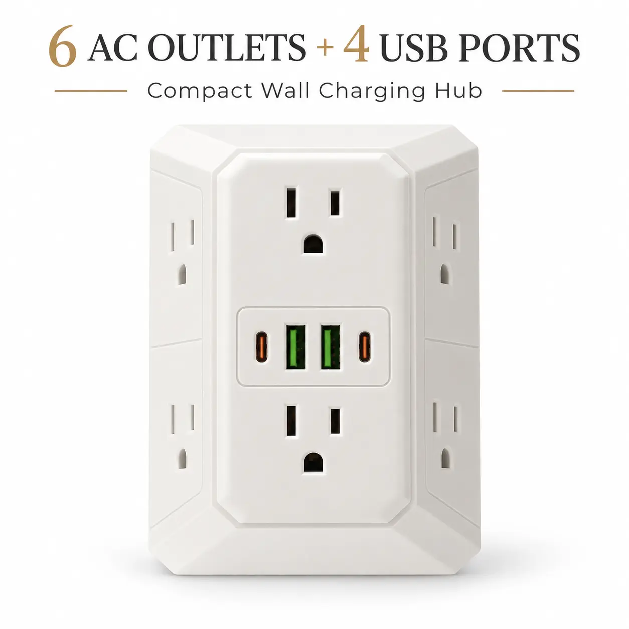 Multi Plug Outlet Expander, 6 AC Sockets + 4 USB Ports (2A+2C), Wall Mount Power Adapter, Space Saving Wall Outlet Splitter, Ideal for Dorm Room, Travel & Household Electronic Devices