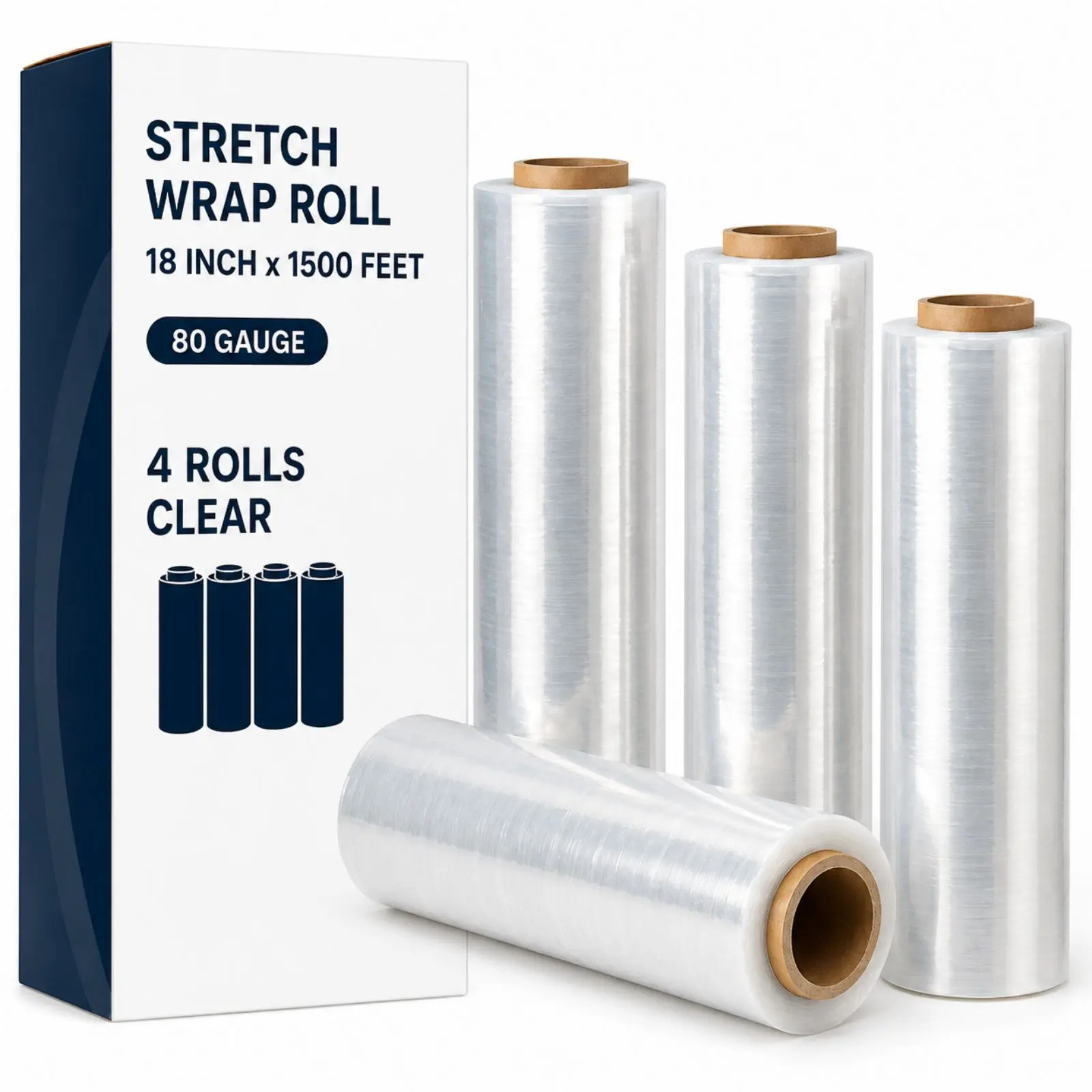 Heavy-Duty Clear Stretch Film Wrap (4 Rolls), 18in x 1500ft, 80-Gauge 20-Micron Self-Adhering Packing Film for Home Improvement, House Moving, Building Paint Supplies