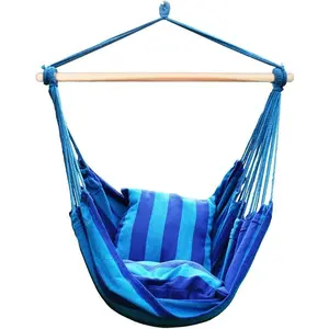 Hanging Hammock Chair, Hanging Swing Chair with Two Cushions, 34 Inch Wide Seat Blue & Green Stripes (Seaside Stripe)