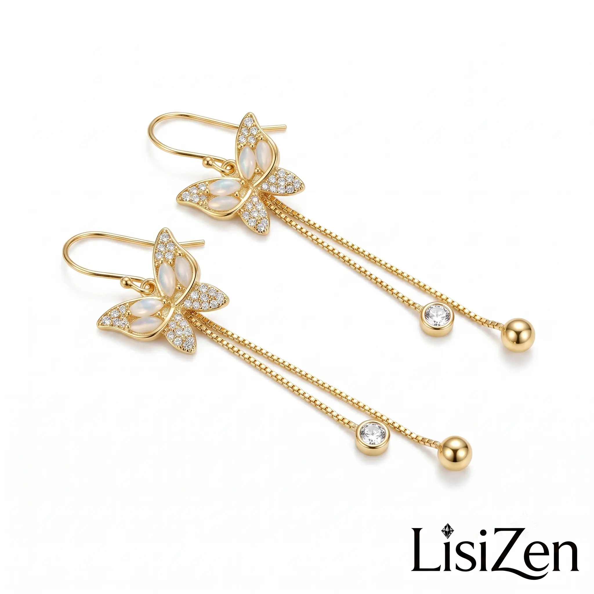 Crystal Drop Earrings for Women, Dainty Butterfly Gold-Plated Threader Earrings with Long Chain Tassel, Elegant Fashion Jewelry, Women's Fashion, One-Size Earrings