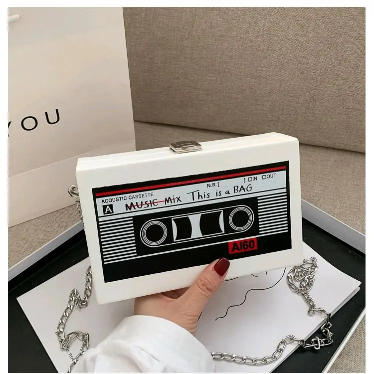 Acoustic Cassette Bag AI60 N.R.I MUSIC MIX THIS IS A BAG with Chain Strap White Fashion Accessory