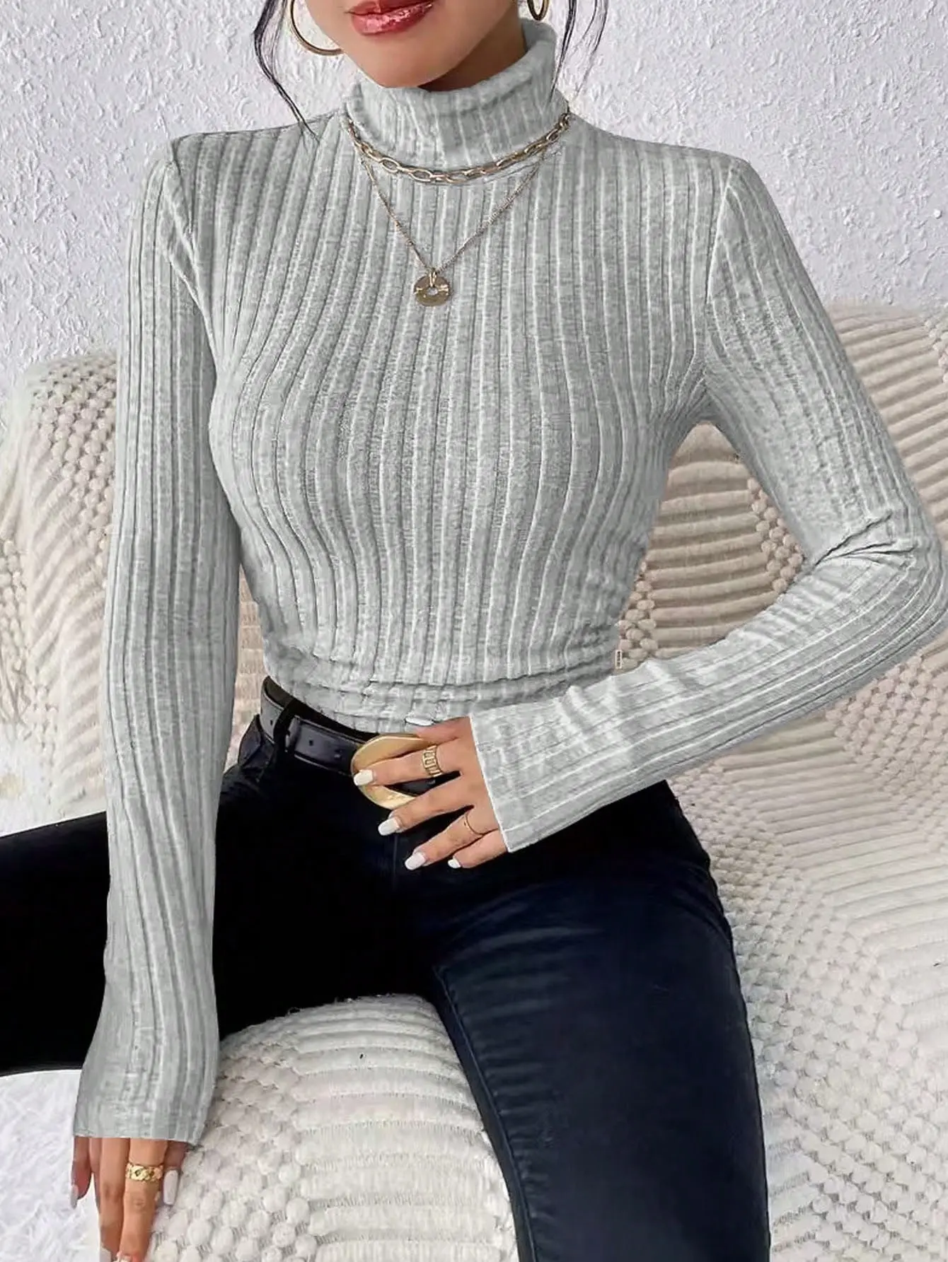 Plus Size Women Turtleneck Solid Color Casual Ribbed Knit Long Sleeve T-Shirt