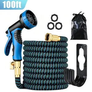 100FT Deluxe Expandable Woven Fabric Outdoor Garden Hose - Heavy Duty, No-Kink, Leak Resistant, 8 Adjustable Sprays, US Standard Connectors, Lightweight & Portable, Easy to Store for Gardening, Car Washing