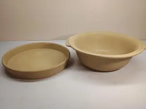 Pampered Chef Family Heritage Stoneware 12.5” Large Baker Bowl & 11" Round Baker