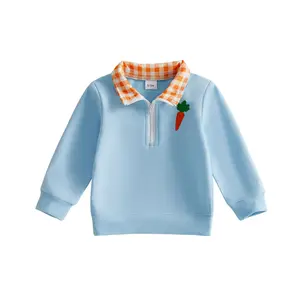 Toddler Boy Easter Clothes Cute Carrot Embroidery Long Sleeve Turn Down Collar Pullover Sweatshirt Casual Spring Outfit Bunny