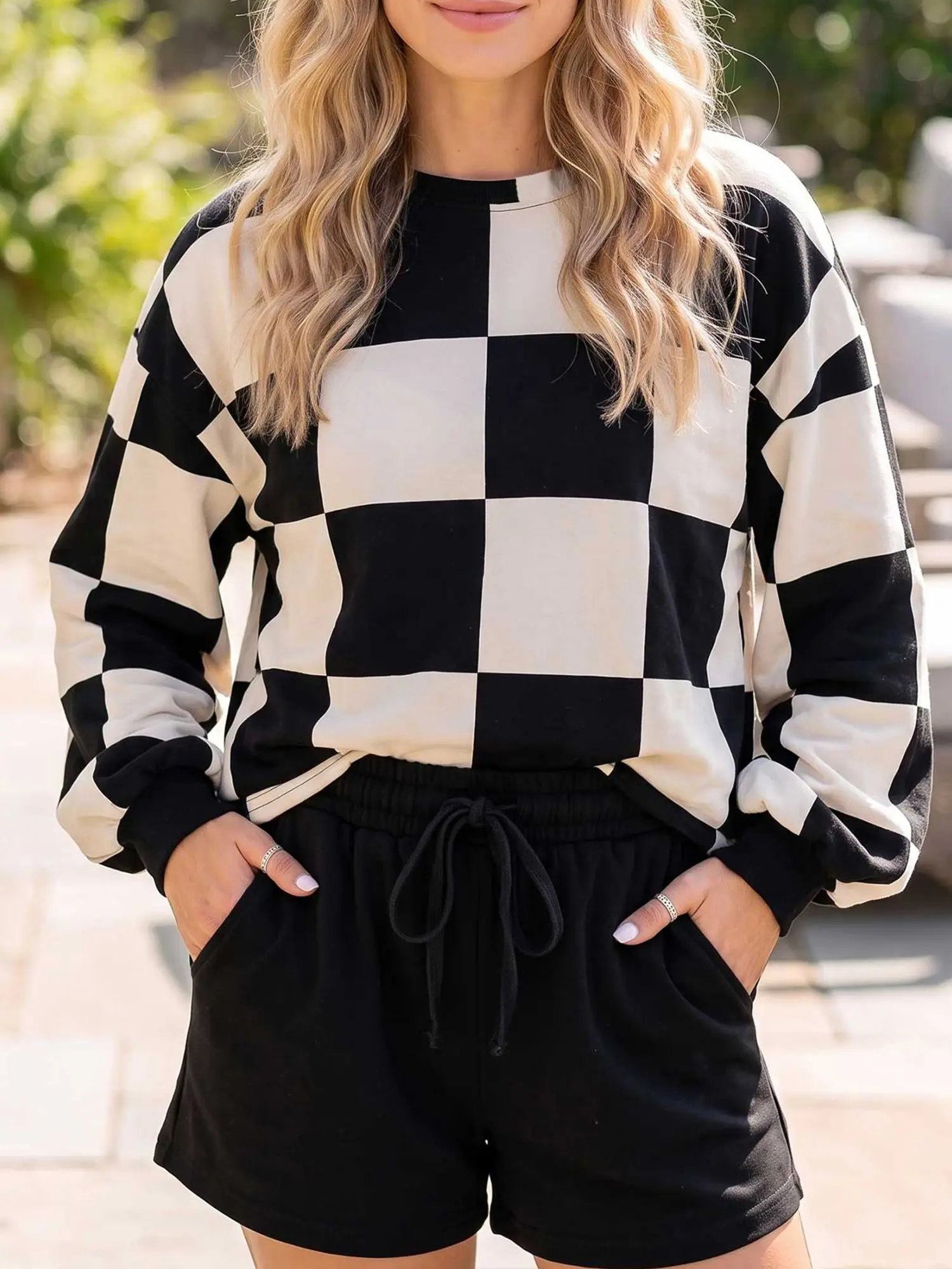 Y2K Checkerboard Matching Set for Women Casual Long Sleeve Crewneck and Shorts Loungewear