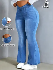 Women's Plus Size Elastic Micro Flare Denim Jeans, High Waist Butt Lifting, Crossed Waistband, Vintage Washed Blue, Casual Long Pants Womenswear