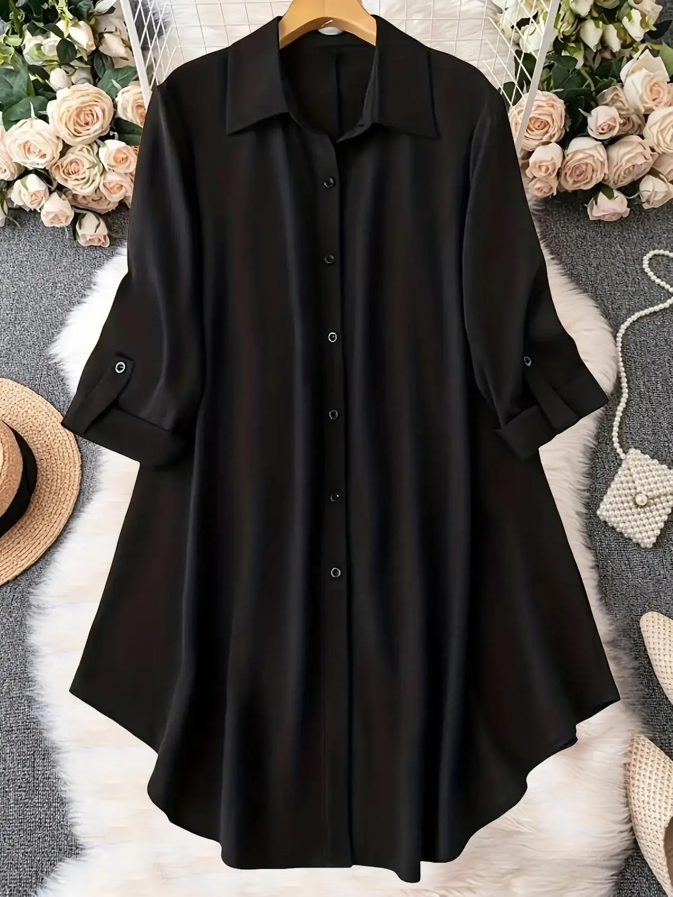 Plus-Size Solid Long Sleeve Button Up Blouse, Casual Classy Elegant Button Front Collared Top for Spring & Fall, Women's Clothes for Daily Wear