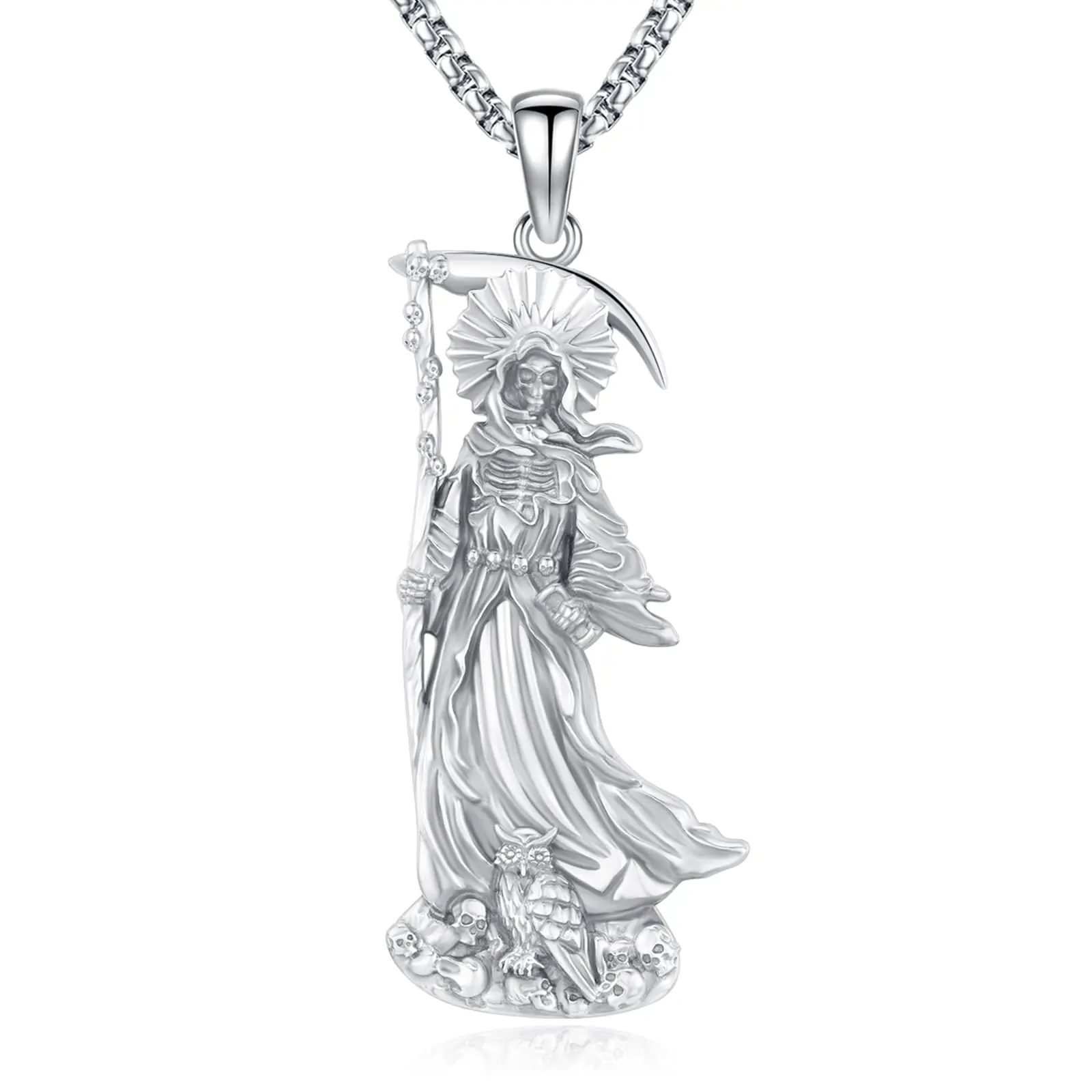 Thanches Santa Muerte Necklace S925 Sterling SIlver Death Holy Amulet Jewelry Gift  Magic Wiccan Pagan Protection for Women Men