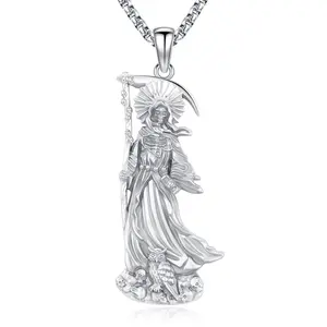 Thanches Santa Muerte Necklace S925 Sterling SIlver Death Holy Amulet Jewelry Gift  Magic Wiccan Pagan Protection for Women Men