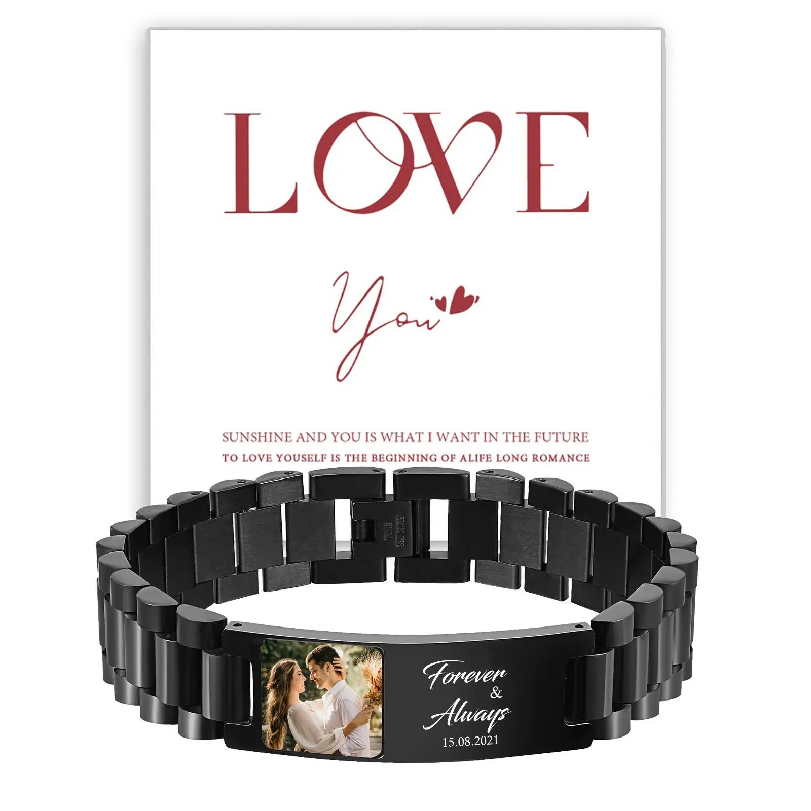 Vnox Free Custom Po Bracelets for Men,Engrave Love Words Bracelets Gifts to Husband Boyfriend,Memory Family Picture Wristband