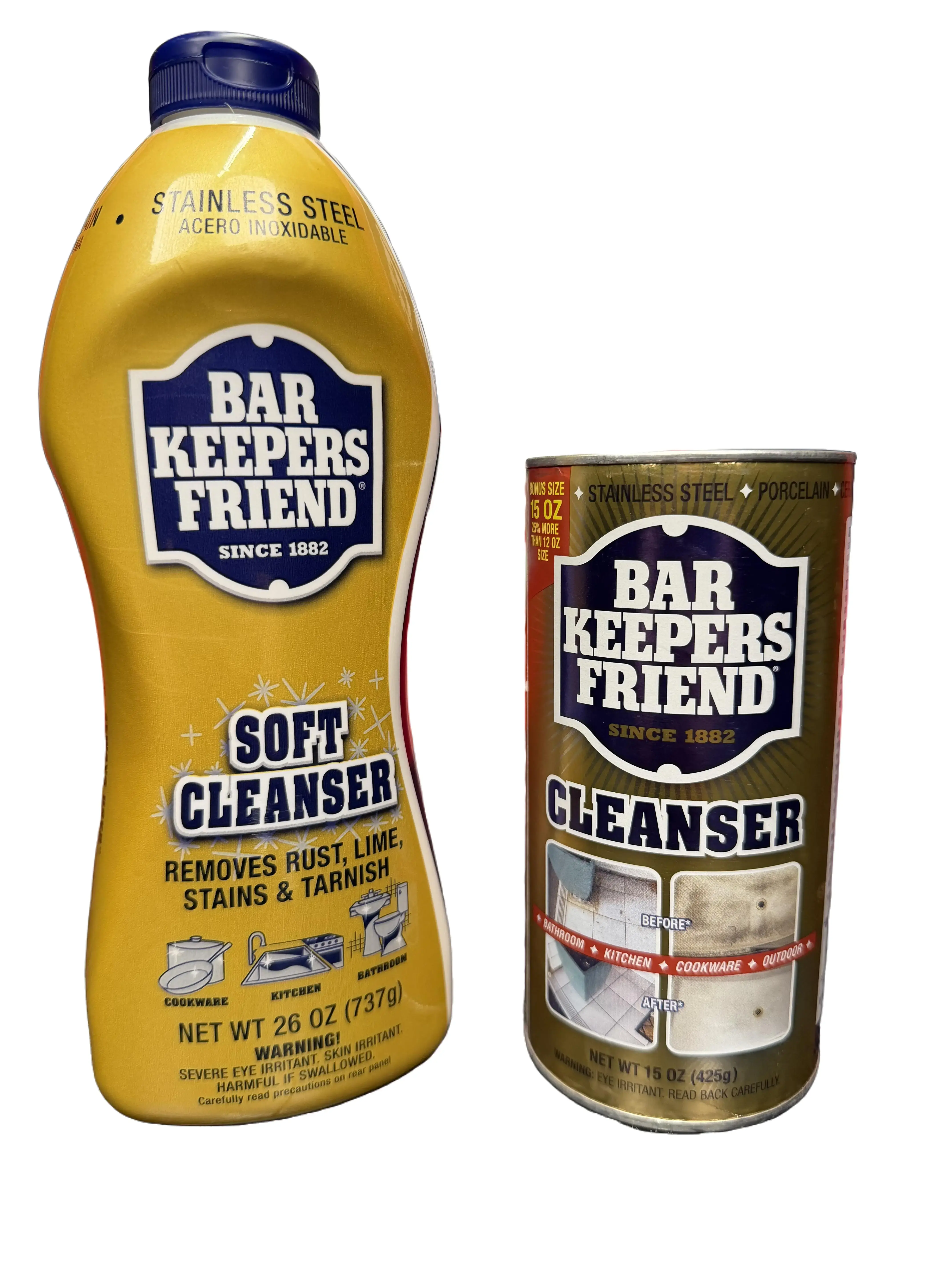 Bar Keepers Friend Original Cleaner Combo 2-Pack, Essential Multi-Surface Household Cleaning Agents - 26oz Stainless Soft Polish, 15oz Cleanser for Kitchen/Bath