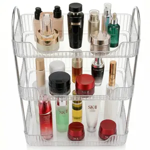 Bathroom Organizer Countertop, Vanity Trays, Skincare Makeup Organizer Shelf, Counter Shelf for Cosmetics, Toiletries, Lotions, Perfumes (3 Tiers, Clear)