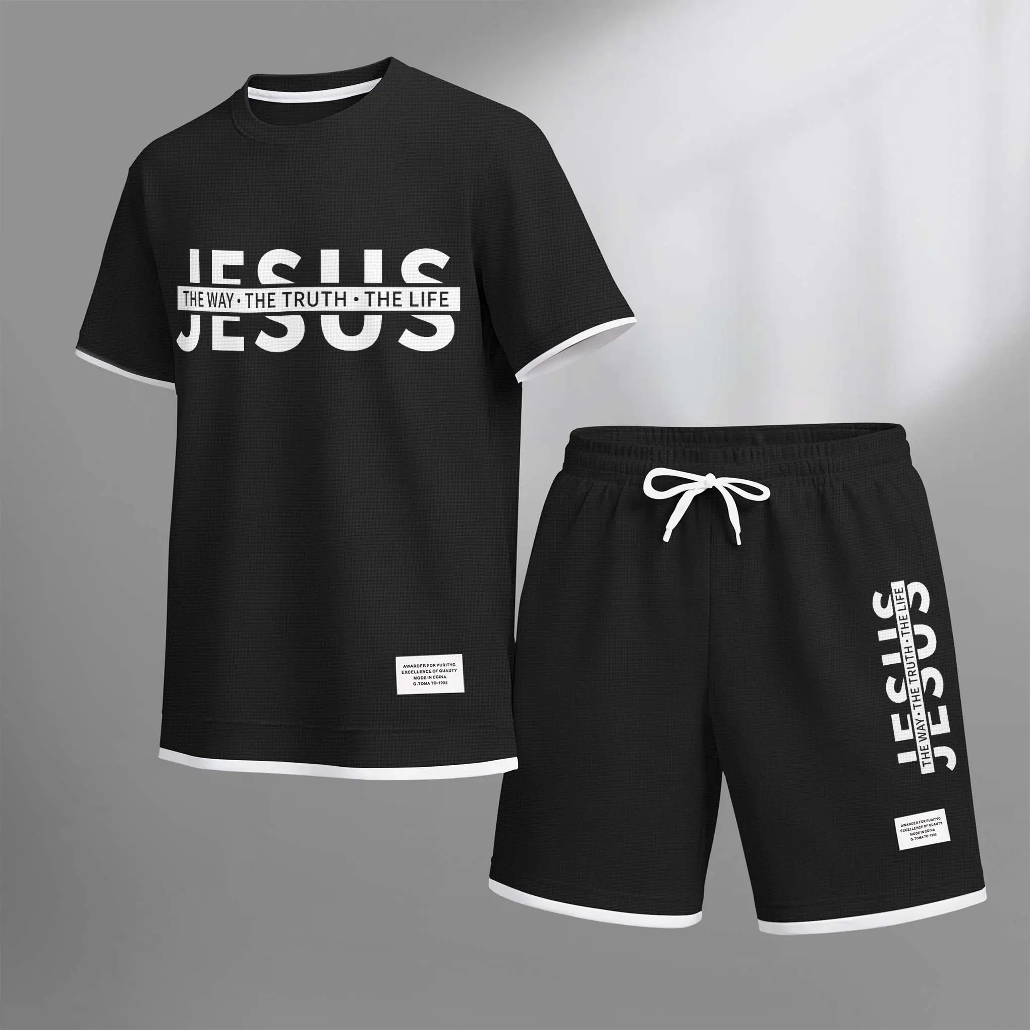 Men's Jesus Print Shorts Set For Spring/Summer. A Casual Summer Outfit, Including A Short-Sleeved Shirt And Shorts, Suitable For Everyday Wear And Sports. A Two-Piece Set For A Relaxed And Energetic Lifestyle.