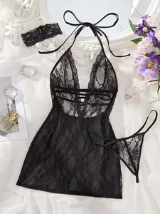 Women's Sheer Sleeveless Lingerie Set, Underwear, Contrast Lace Design, Slim Fit, Soft Lightweight Fabric, All-Season Wear, Romantic Gift