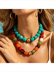 Dopamine Colorful Square Beaded Necklace | Vibrant Candy-Colored Resin Bead Choker with Gold Accents | Trendy Summer Statement Jewelry for Women