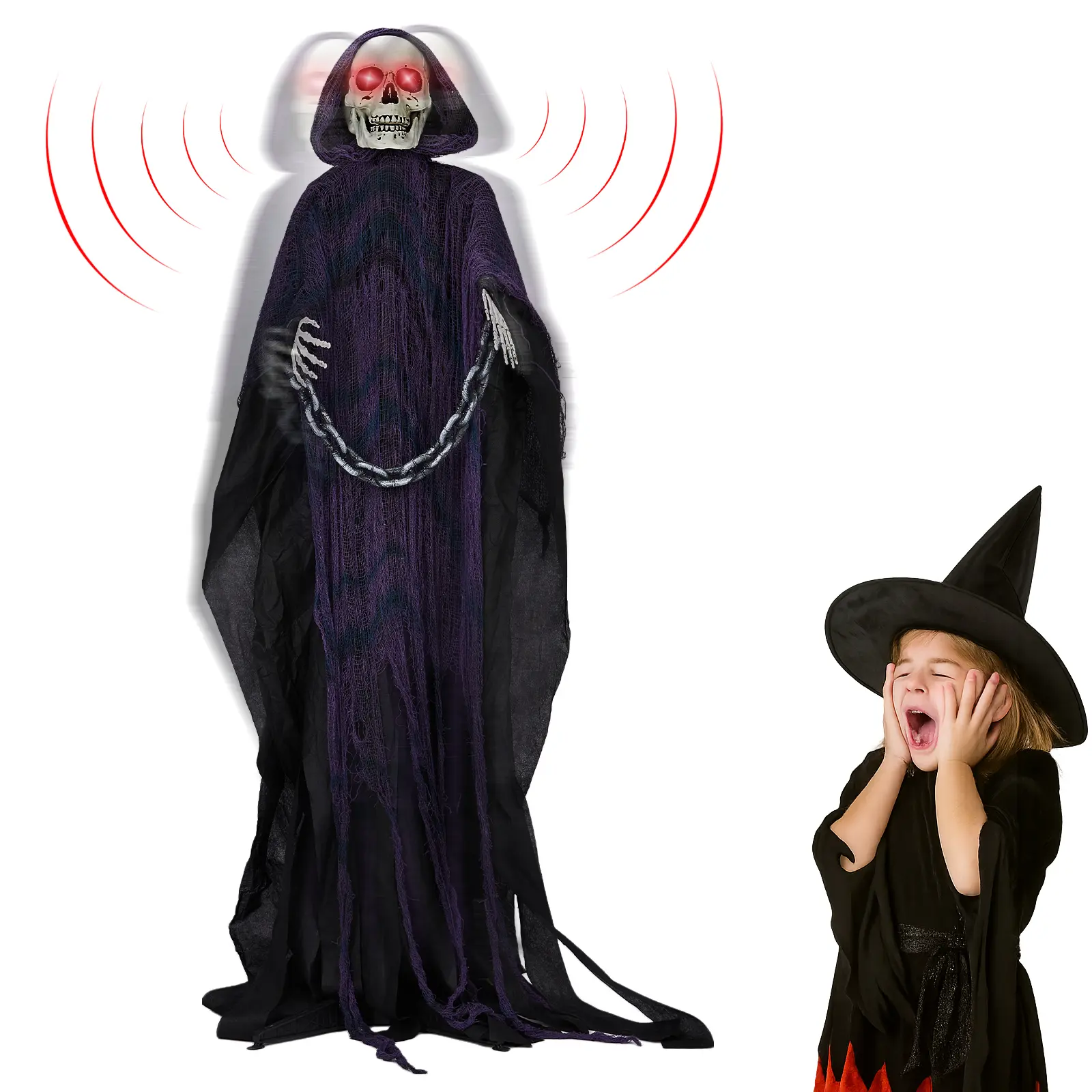 Ubesgoo 6ft Halloween Decorations Outdoor Life Size Animatronics Grim Reaper with Chain, Sound-Actived Party Decor with Creepy Sound , Scary Haunted House Props for Garden Yard Lawn
