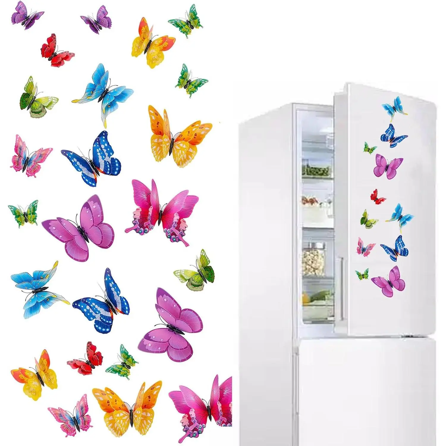 24 count 3D Butterfly Wall Decor - Removable Butterfly Stickers in 12 Styles - Double Wings - Multicolor (24pcs)