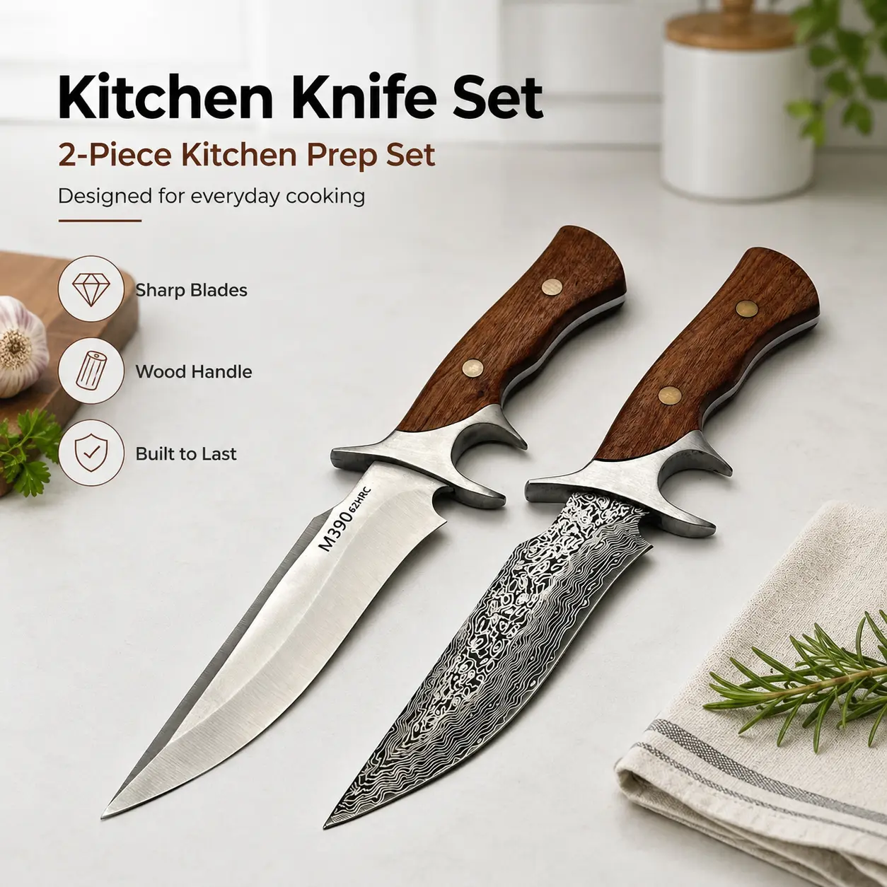 2-Piece Kitchenware Knives Set, Wood-Handled Knives with 2 Blade Styles for Meat, Vegetable Prep & Everyday Cooking Needs
