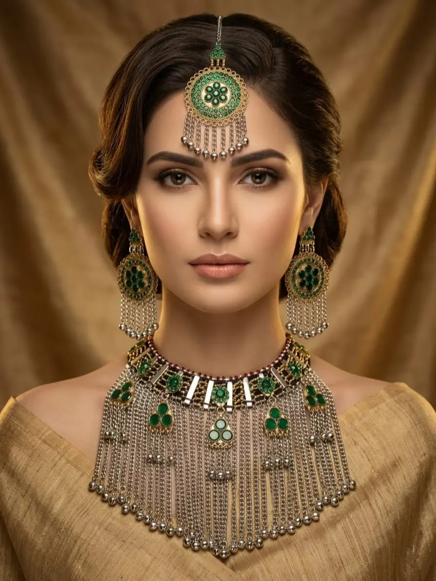 Luxury Afghan Green Stone Statement Jewelry Set for Women – Boho Tribal Fringe Necklace & Drop Earrings – Ethnic Bridal Choker Set – Festival Party, Wedding Jewelry Set For Women.