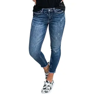 Flamingals Wash Ripped Raw Hem Mid Rise Crop Skinny Jeans Womenswear Stretchy 26.8" Inseam