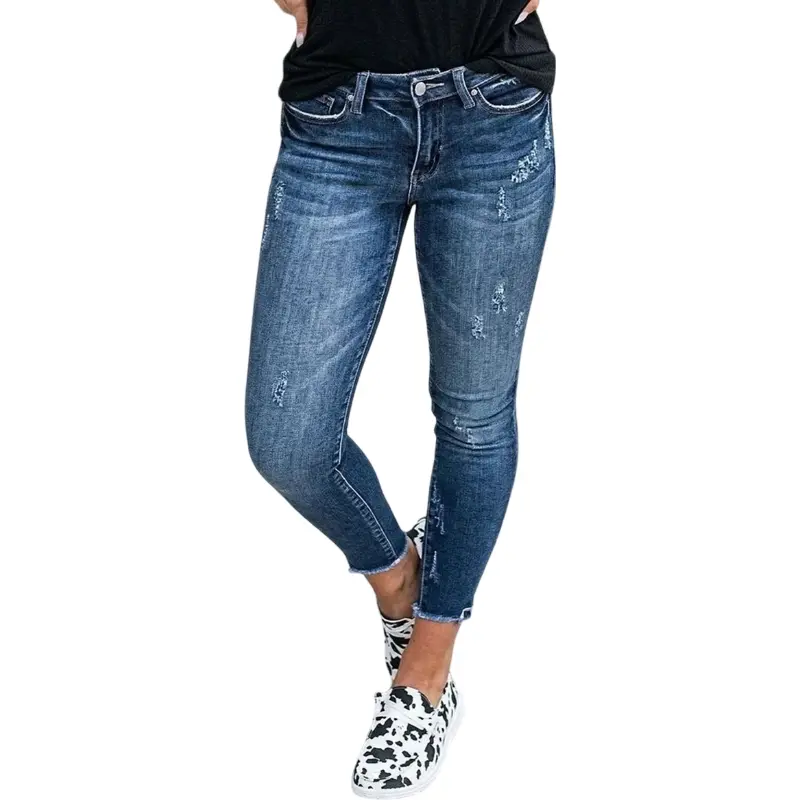 Flamingals Wash Ripped Raw Hem Mid Rise Crop Skinny Jeans Womenswear Stretchy 26.8" Inseam