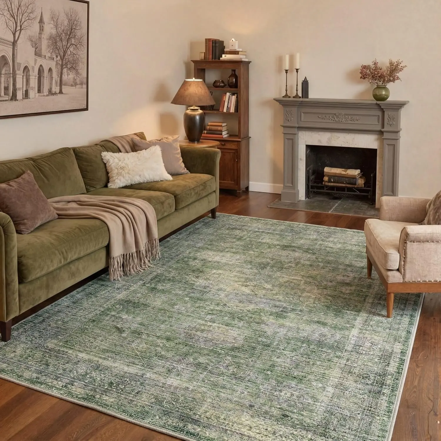 【Deals For You Days】GENIMO Vintage Faded Non Slip Machine Washabele Runner Rugs, Soft Lightweight Floral Rugs for Hallway Entryway Kitchen Bedside Laundry Room Bathroom Corridor, Green