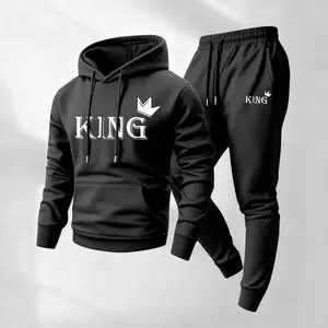Men’s King Pattern Print Hoodie and Drawstring Sweatpants Set with Pockets, Casual Athletic Long Sleeve Hooded Jacket & Jogger Pants, Fall Winter Activewear, Everyday Wear for Indoor & Outdoor Sports, Tracksuit Set