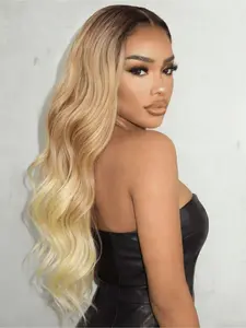 Dark Brown to Honey Blonde to Creamy Blonde Ombre 13x4 HD Lace Front Wig, 28" Long Wavy Heat-Resistant Synthetic Hair, Free Part, Pre-Plucked Natural Hairline, HD Lace Frontal