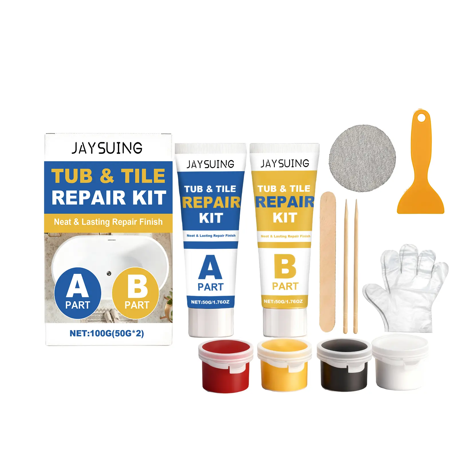Jaysuing 1-Set Epoxy AB Glue Tile Repair Kit, 145g Epoxy Resin Ceramic Sealant with 3-Year Long Lasting Adhesive, Bisphenol A (BPA) Home Care for Ceramic, Marble Seam Filling