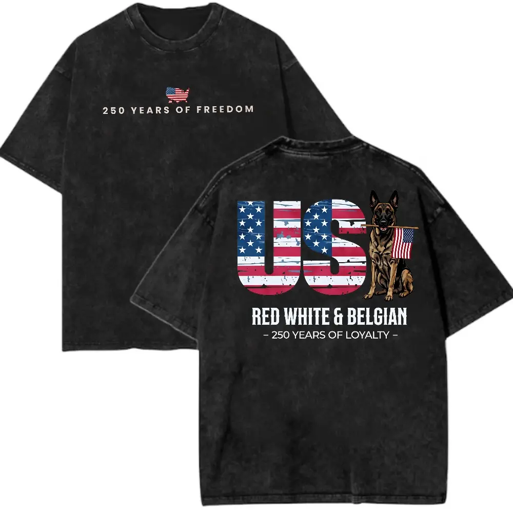 Women's Patriotic T-Shirt with Belgian Malinois Graphic, 1 Piece Vintage Cotton Casual Wear, Customized Anniversary Gift for Dog Lovers, Shortsleeve, Fabric