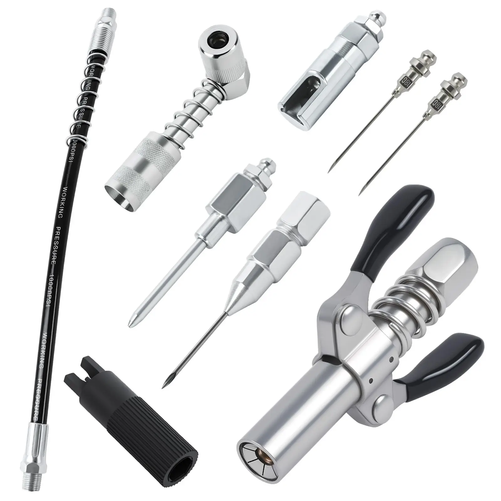 Grease Gun Coupler Kit 90 Degree Adapter 9-Piece Set with 12" Hose Needle Nozzles Zerk Cleaner for Automotive Farm Industrial Truck Maintenance