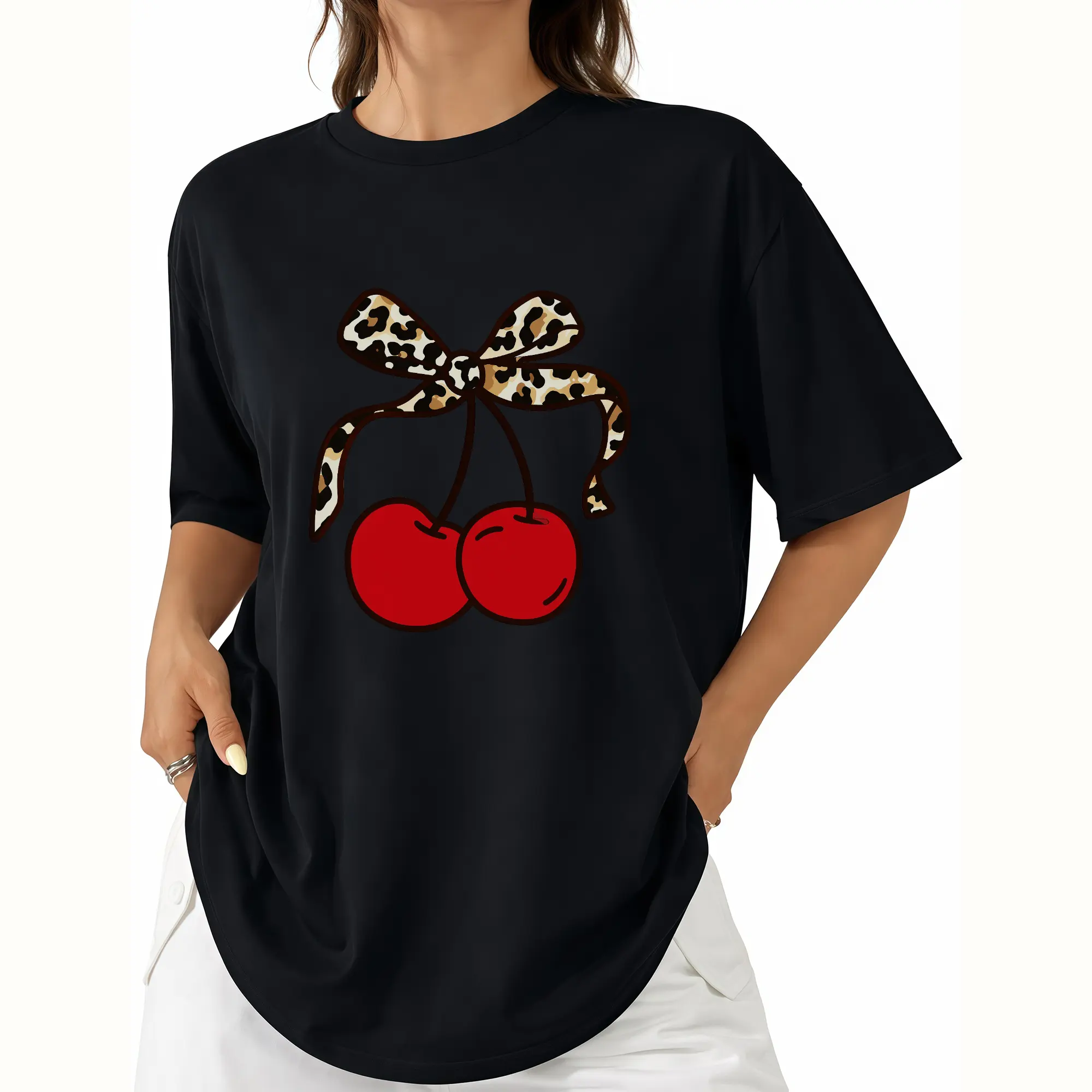 Women's Cherry Bow Print T-Shirt Casual Crew Neck Tops Unisex Vintage Graphic T-Shirt for Summer Streetwear summer outfits