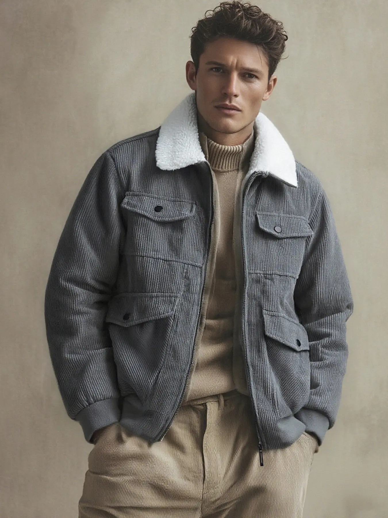Men's Casual Workwear Jacket Twill Lamb Wool Lining, Winter Thick Warm Coat, Reversible Collar Pocket Design Fashion Outerwear