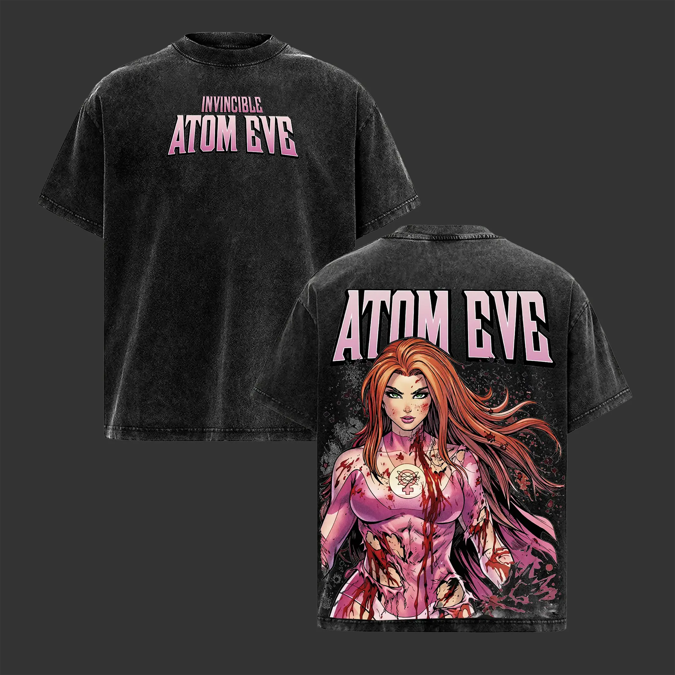 Invincible Atom Eve Graphic Tee Vintage Washed Oversized Heavyweight T Shirt | Female Superhero Comic Streetwear Shirt | Large Back Print Graphic Tee | Heavy Cotton Unisex | Gym Pump Cover Gamer Outfit | Gift For Invincible Fans
