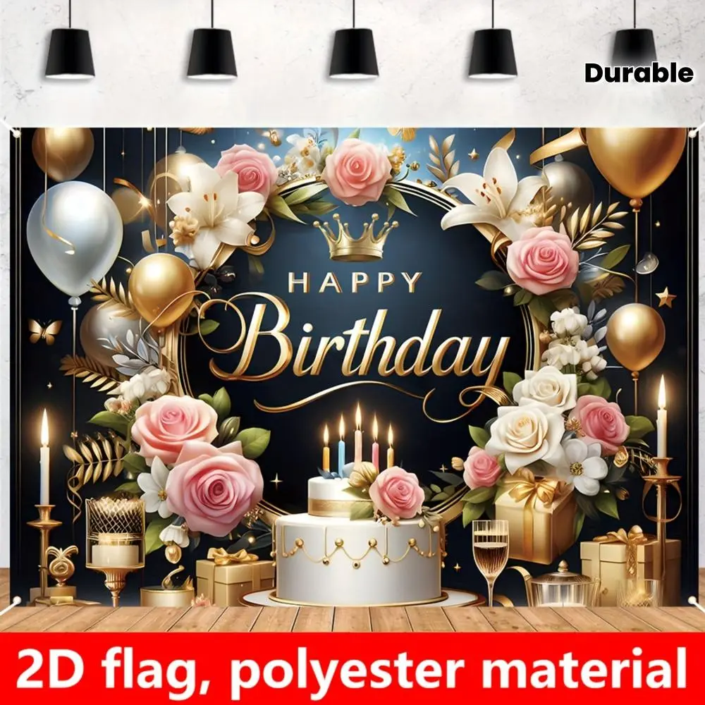 Durable Polyester 2D Flat Banner, Floral Print with Golden Accents, Happy Birthday Party Decorations Banners for Cake & Gift Displays, Photography Backdrops