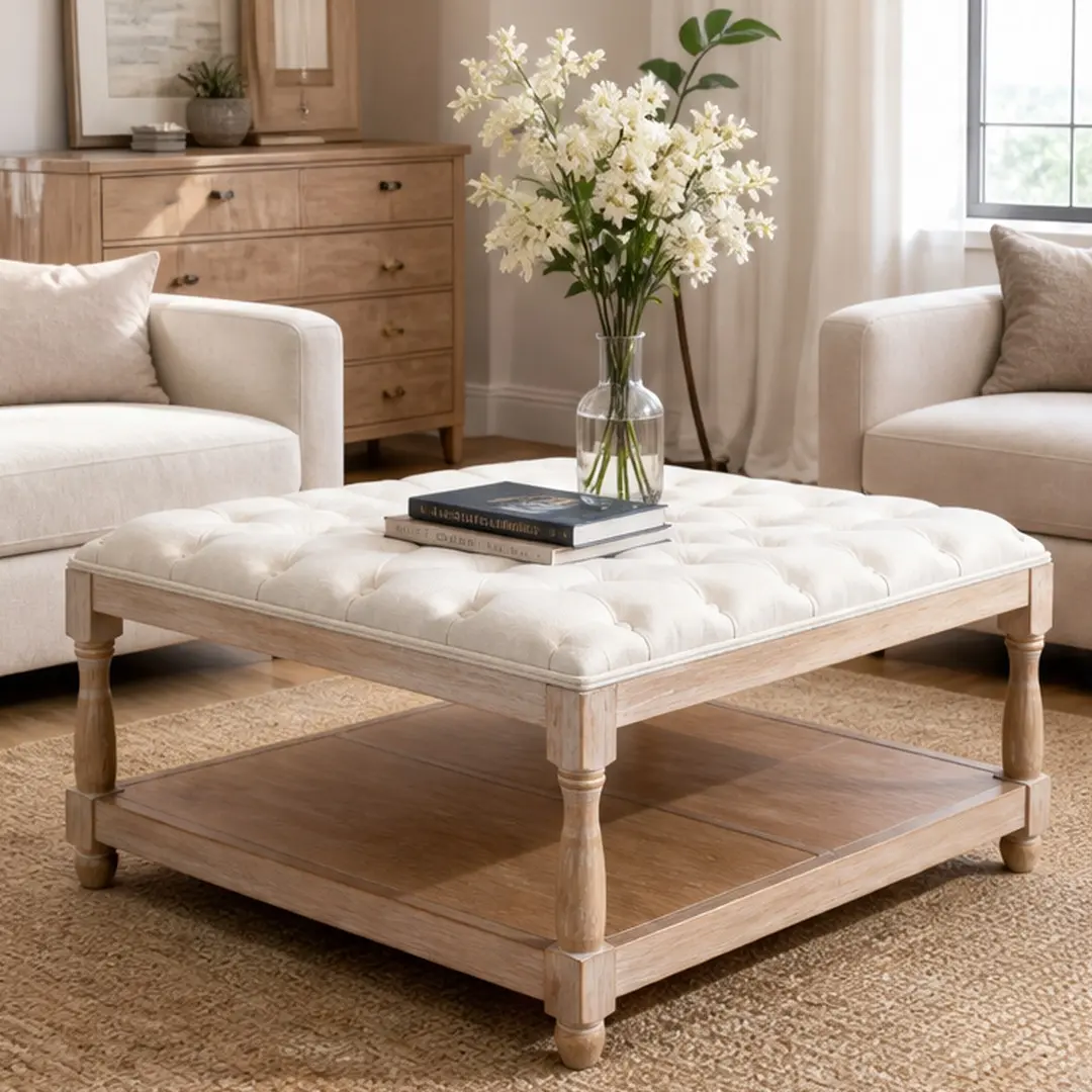 ARCH 33 Inch Large Square Ottoman Coffee Table for Living Room, Tufted Upholstered Linen Ottoman with Storage Shelf, Solid Wood Legs, Beige, Modern Farmhouse Style, Footstool with Hidden Storage, Easy Assembly, Beige Color Options