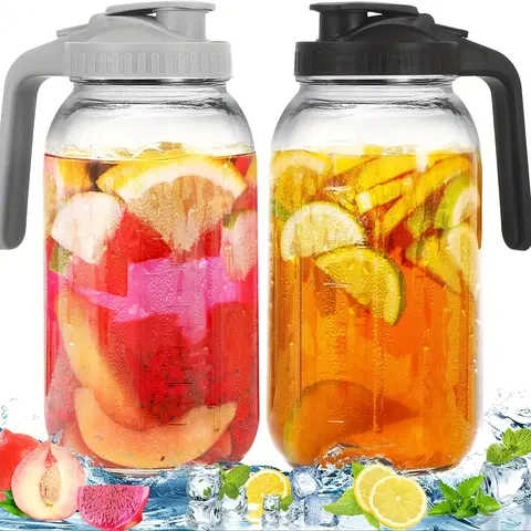 2pcs Heavy-Duty 64oz Large Capacity Glass Mason Jar Pitchers with Lids & Spouts - Wide Mouth, BPA-Free, Hand Wash Only Cold Beverage Containers for Sun Tea, Cold Brew Coffee | Classic Glass Pitcher, Large Capacity Jars
