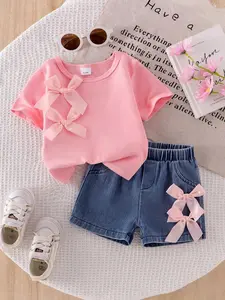 Baby Girls Casual Summer Gift Set, Baby Clothing, T-Shirt + Dual Bow Denim Shorts, Dual Bow Detail, 2-Piece Fashion Ensemble for Toddlers, Comfortable Daily Wear