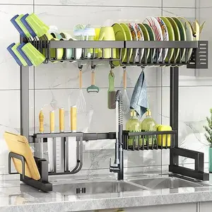 SAYZH Over The Sink Dish Drying Rack - 2 Tier Adjustable (26.8" to 34.6") Metal Dish Drainer, Large Kitchen Counter Dish Rack Organizer with Multifunctional Baskets, Black