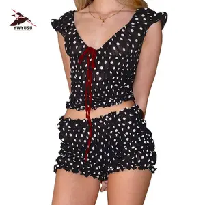 Women's two-piece pleated casual suit set, low round neck short sleeved bow top, smoked shorts, polka dot pajamas set, clothes pantsRAIMENTRY