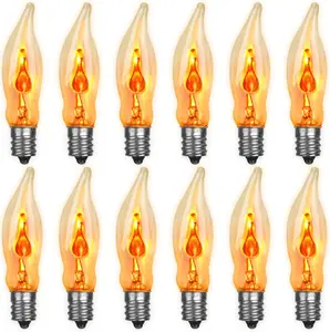 Halloween Flickering Light Bulbs 12 Pack C18 Flickering Flame Light Bulbs E12 Base Flickering Flame Bulbs 1 Watt/120  for Halloween Candelabra Window Candle Lamp Halloween Replacement Bulbs
