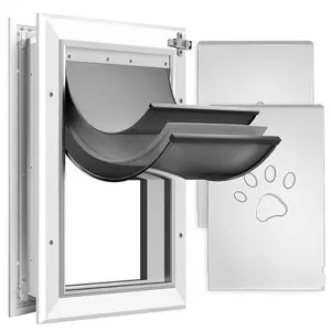 [Petoasis] Heavy Duty Aluminum Dog Door with Lock,3 Flap Insulated Dog Door with Installation Manual,Never Rust (Indestructible) (Silvery White, Large for Door)