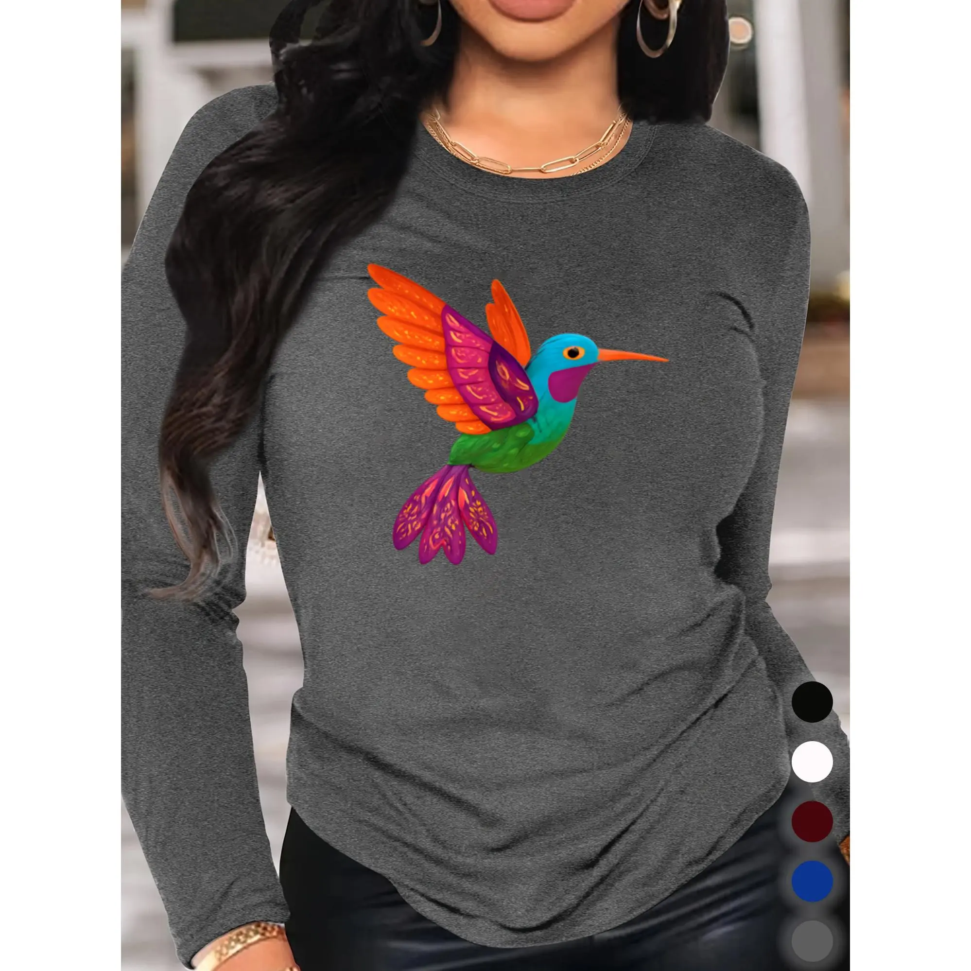 Women's Elegant Lady Hummingbird Floral Print Longsleeves Tshirt - Comfortable, Lightweight, Breathable, Loose-Fitting, Round Neck Top with Asymmetrical Hem, Vibrant Multi-Color Design, Machine Washable, Suitable for Casual Spring & Autumn Wear, Streetwea