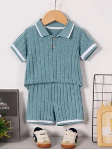 Two-piece Set Boy's Striped Pattern Button Front Top & Shorts Set, Casual Short Sleeve Collared Top & Shorts for Summer, Kids Clothes for Daily Wear, Striped Sets