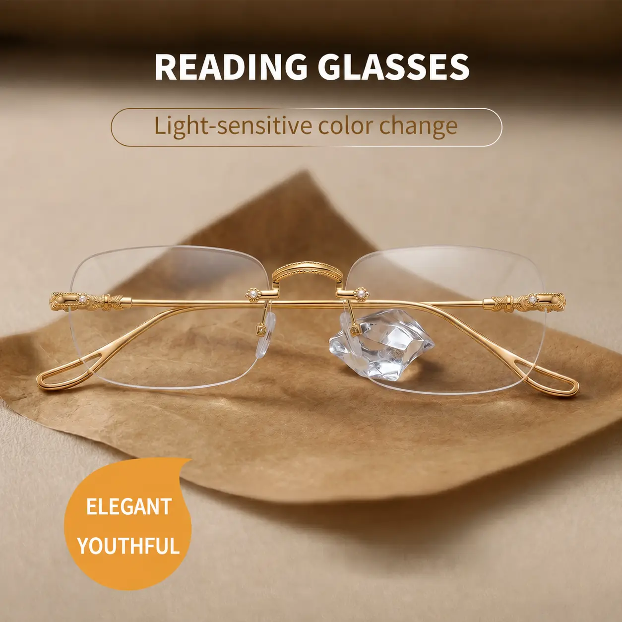 Rimless Reading Glasses for Unisex, Lightweight Rectangular Alloy Frame with Photochromic Bluelight Blocking Lenses for Reading Books and Near Tasks, High Quality Eyewear, Rimless Glasses, Photochromic Lens, Comfortable Nose Pads, Close-Up Use, Protective