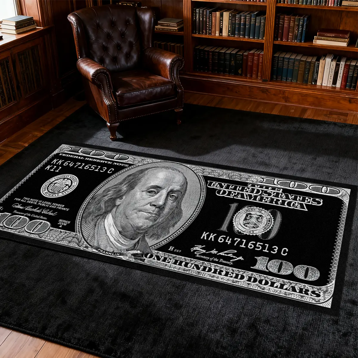 Black dollar rug, Floor rug, classic dollar bill pattern carpet, soft velvet area rug, Decorative Rug, Home Decorative Rugs, Black $100 Dollar money pattern design, home decor, suitable for bedroom, hallway, living room, Multiple sizes